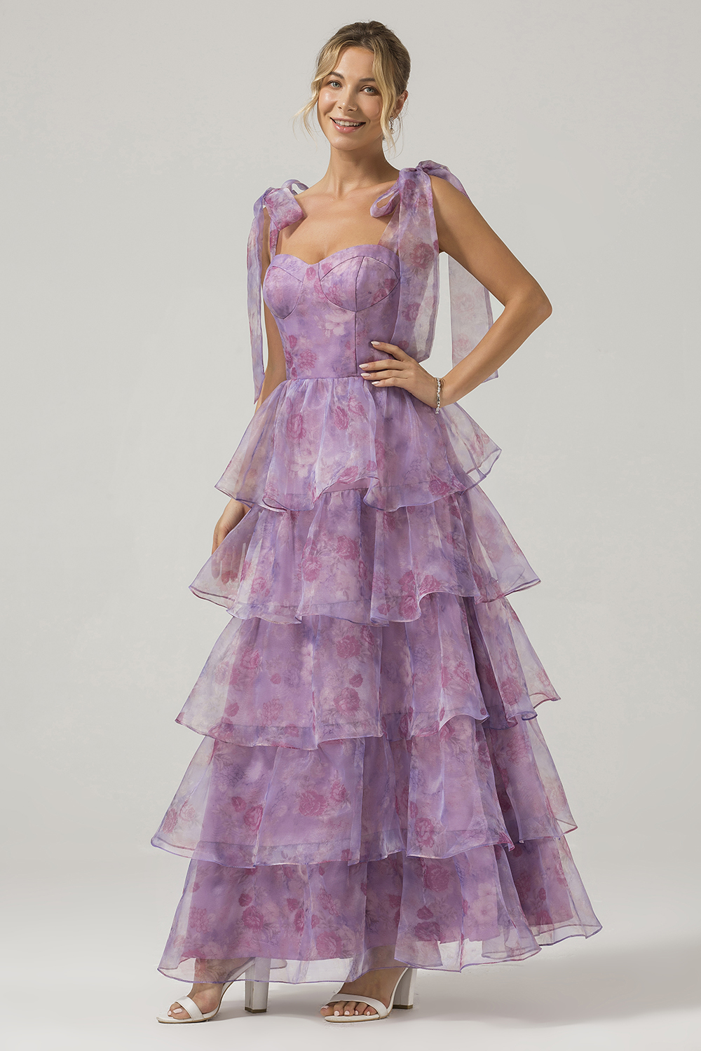  A Line Purple Long Printed Tiered Bridesmaid Dress