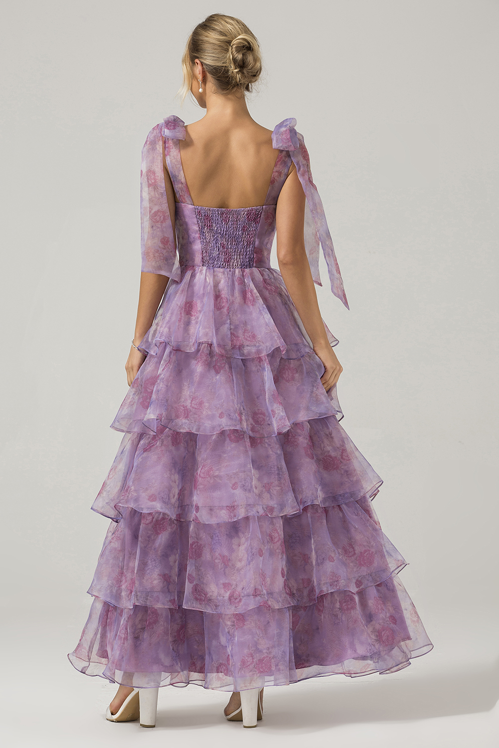  A Line Purple Long Printed Tiered Bridesmaid Dress
