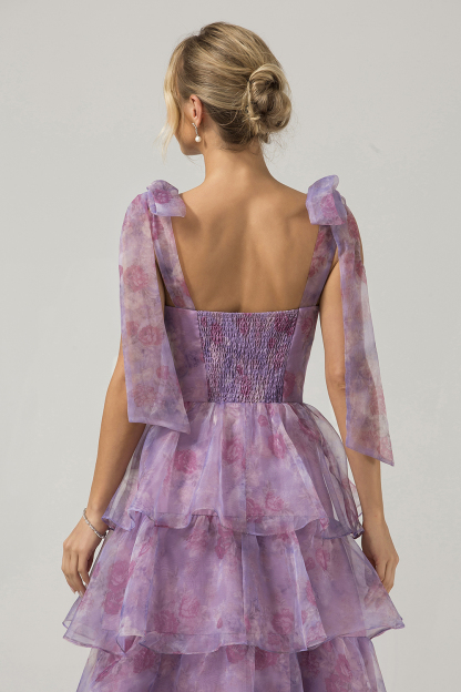  A Line Purple Long Printed Tiered Bridesmaid Dress