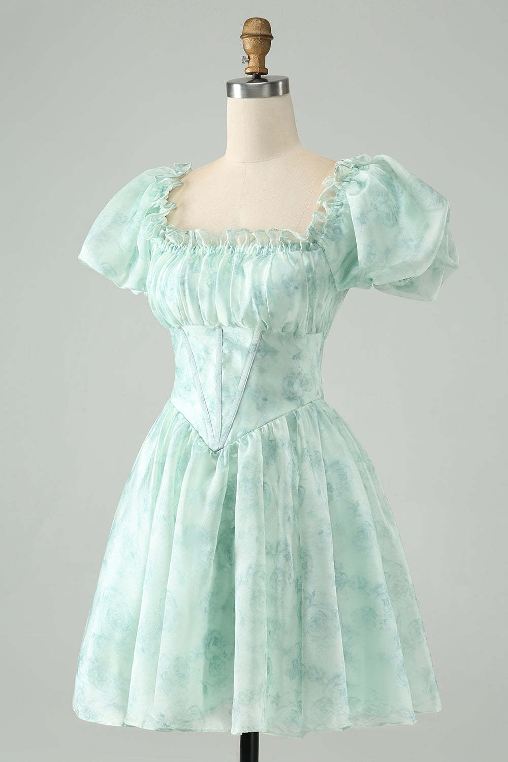 Light Green A Line Square Neck Floral Ruffle Short Homecoming Dress