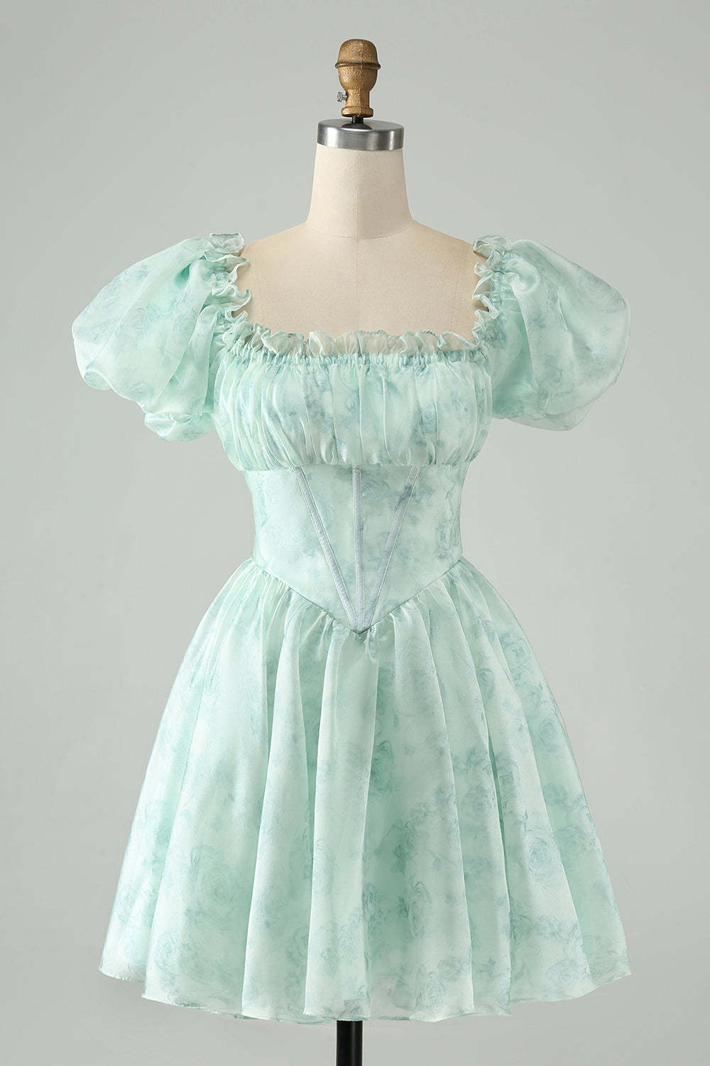 Leely Women Princess Light Green Short Homecoming Dress A Line Square Neck Floral Ruffle Cocktail Party Dress