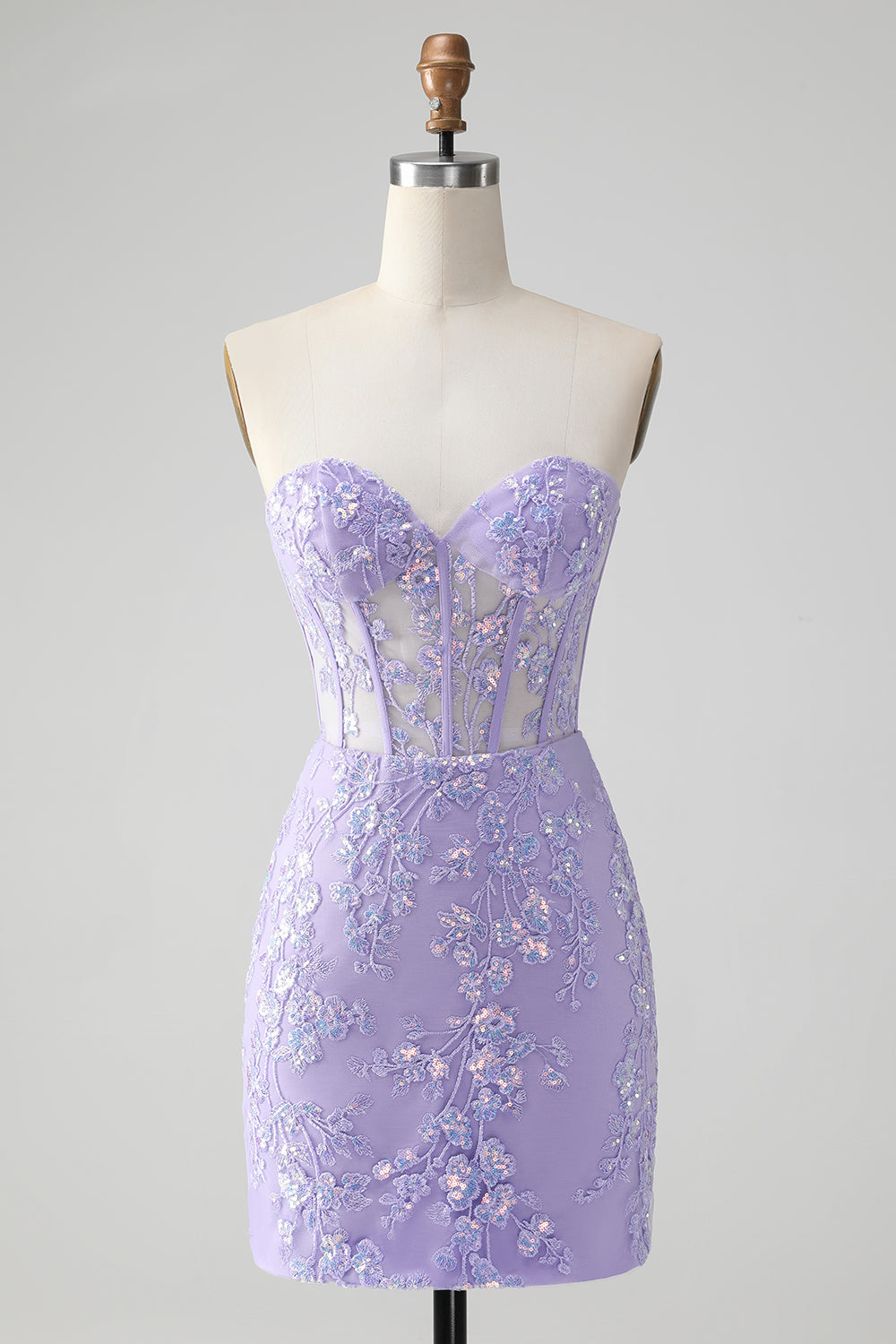 Leely Women Lilac Corset Sequins Short Bodycon Homecoming Dress with Lace Applique Sweetheart Embroidery Cocktail Dress