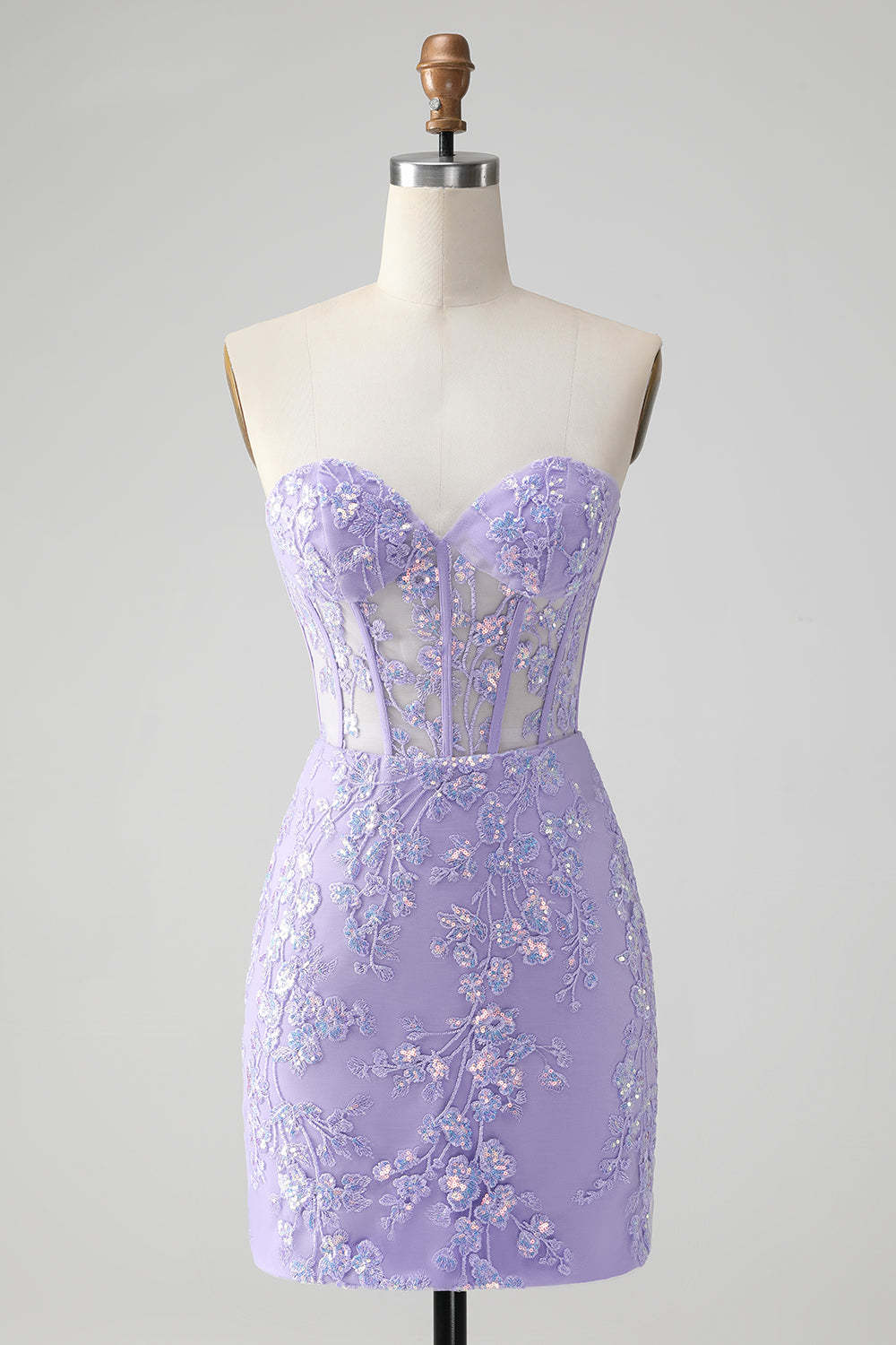 Leely Women Lilac Corset Sequins Short Bodycon Homecoming Dress with Lace Applique Sweetheart Embroidery Cocktail Dress