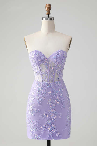 Leely Women Lilac Corset Sequins Short Bodycon Homecoming Dress with Lace Applique Sweetheart Embroidery Cocktail Dress