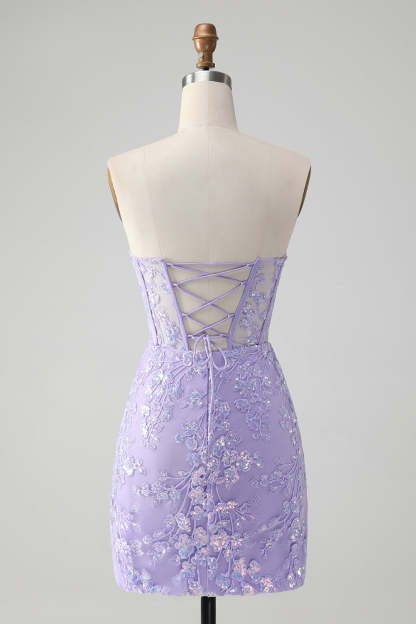 Lilac Corset Sequins Sweetheart Short Embroidery Homecoming Dress with Lace-up Back