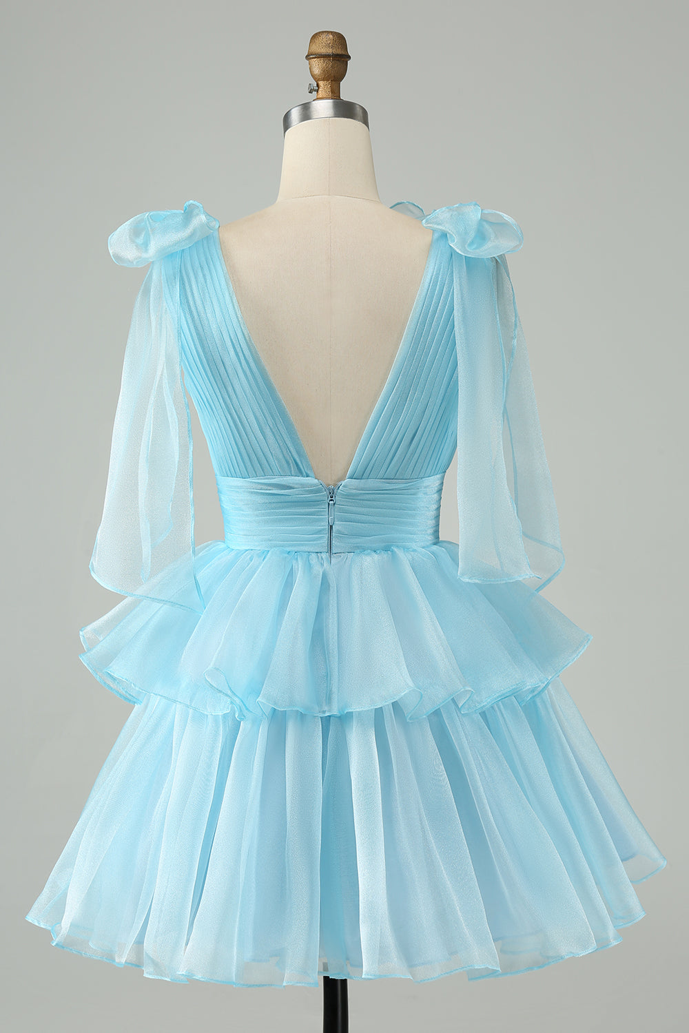 Sky Blue A Line V Neck Pleated Tiered Short Homecoming Dress