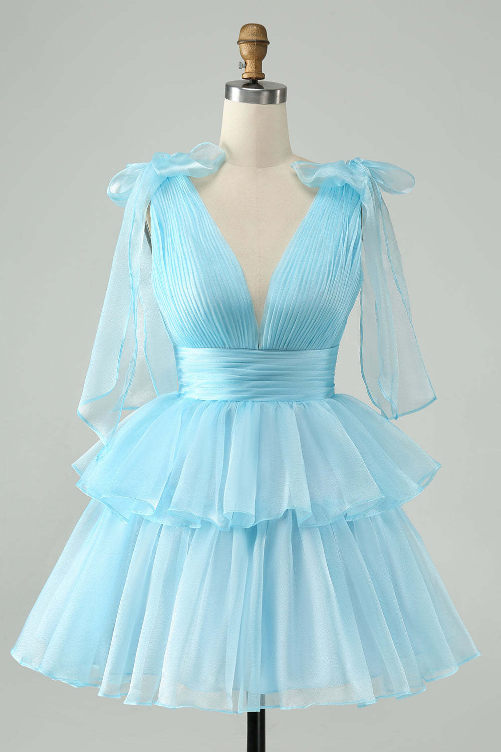 Leely Women Sky Blue Cute Homecoming Dress A Line V Neck Chiffon Tiered Short Cocktail Dress