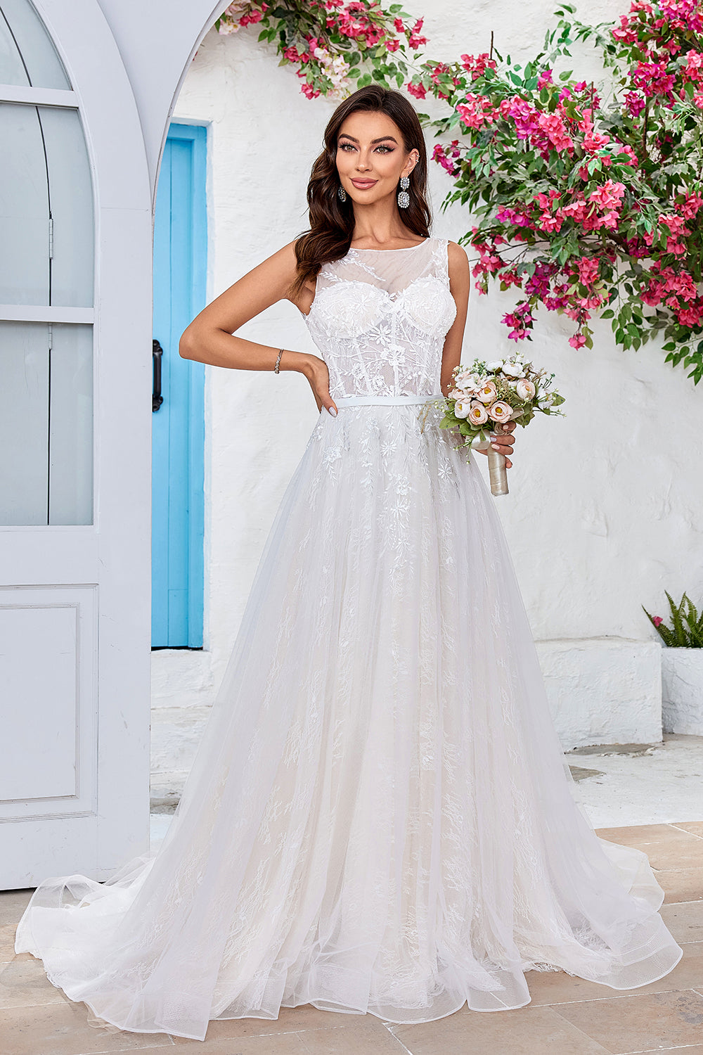 Chraming A Line Square Neck Ivory Tulle Wedding Dress with Lace