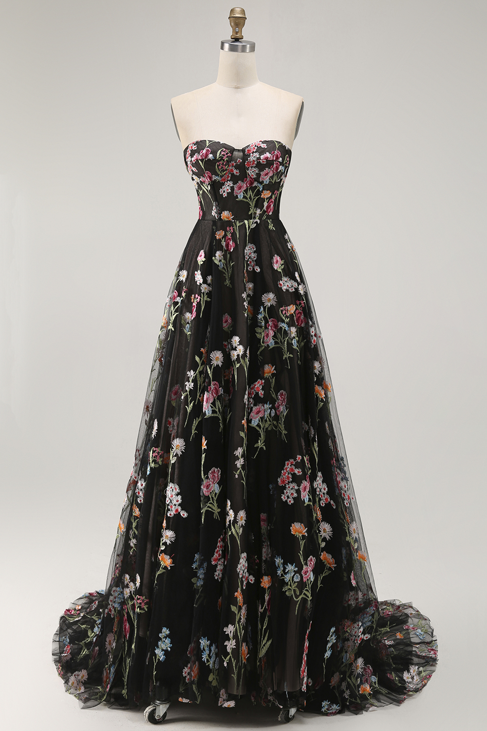 Black Floral Strapless A Line Maxi Prom Dress