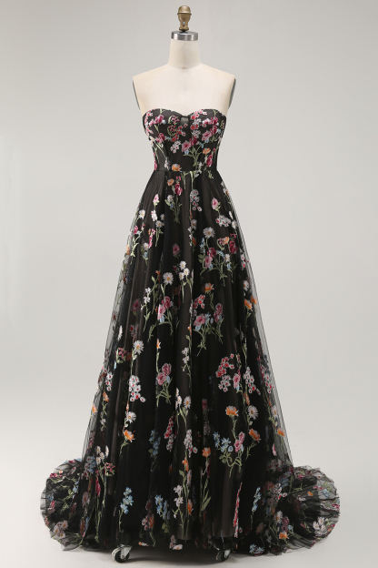 Black Floral Strapless A Line Maxi Prom Dress