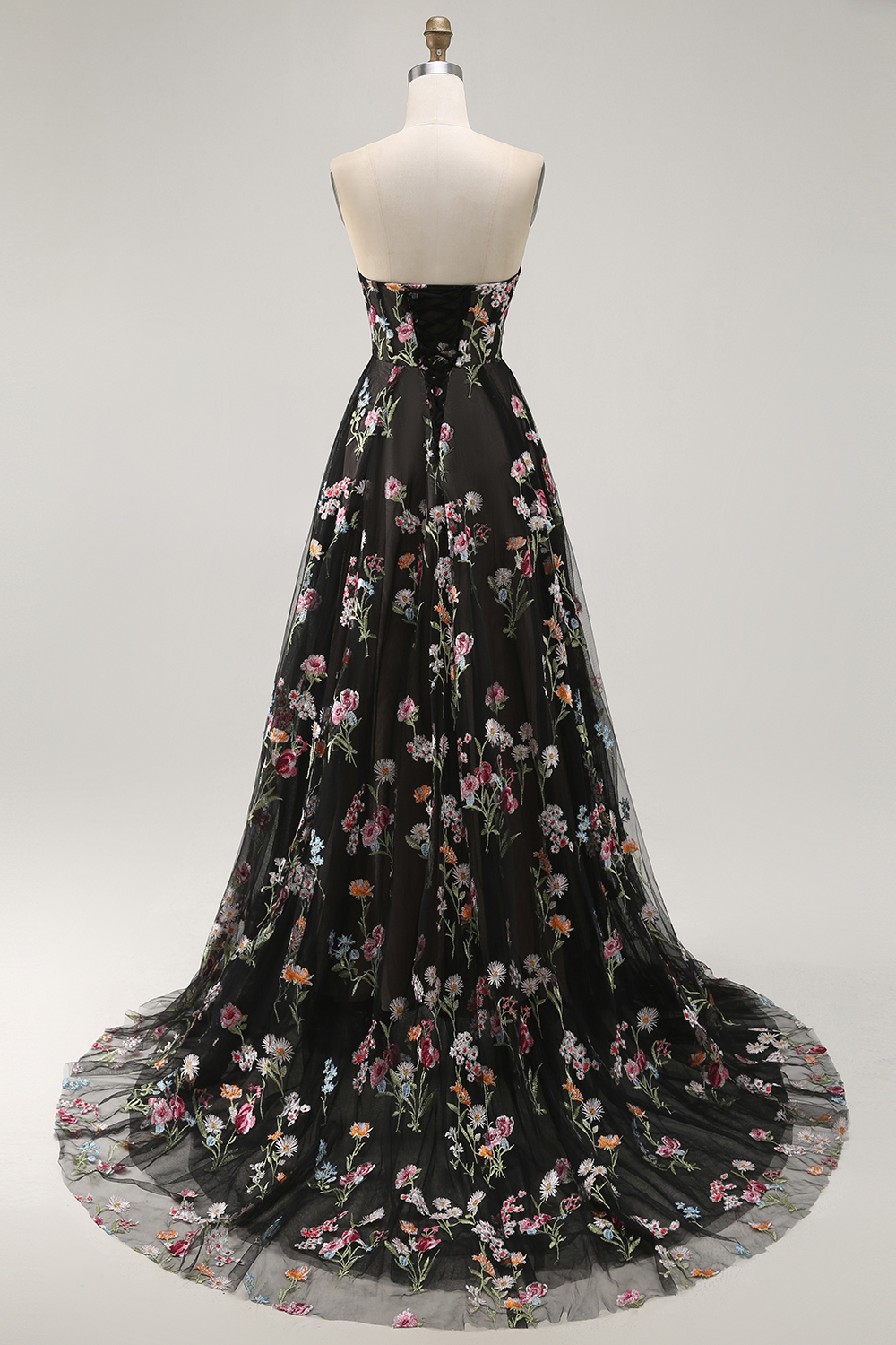 Black Floral Strapless A Line Maxi Prom Dress