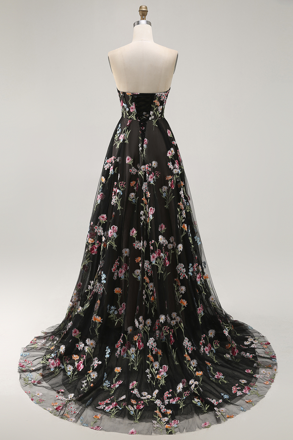 Black Floral Strapless A Line Maxi Prom Dress