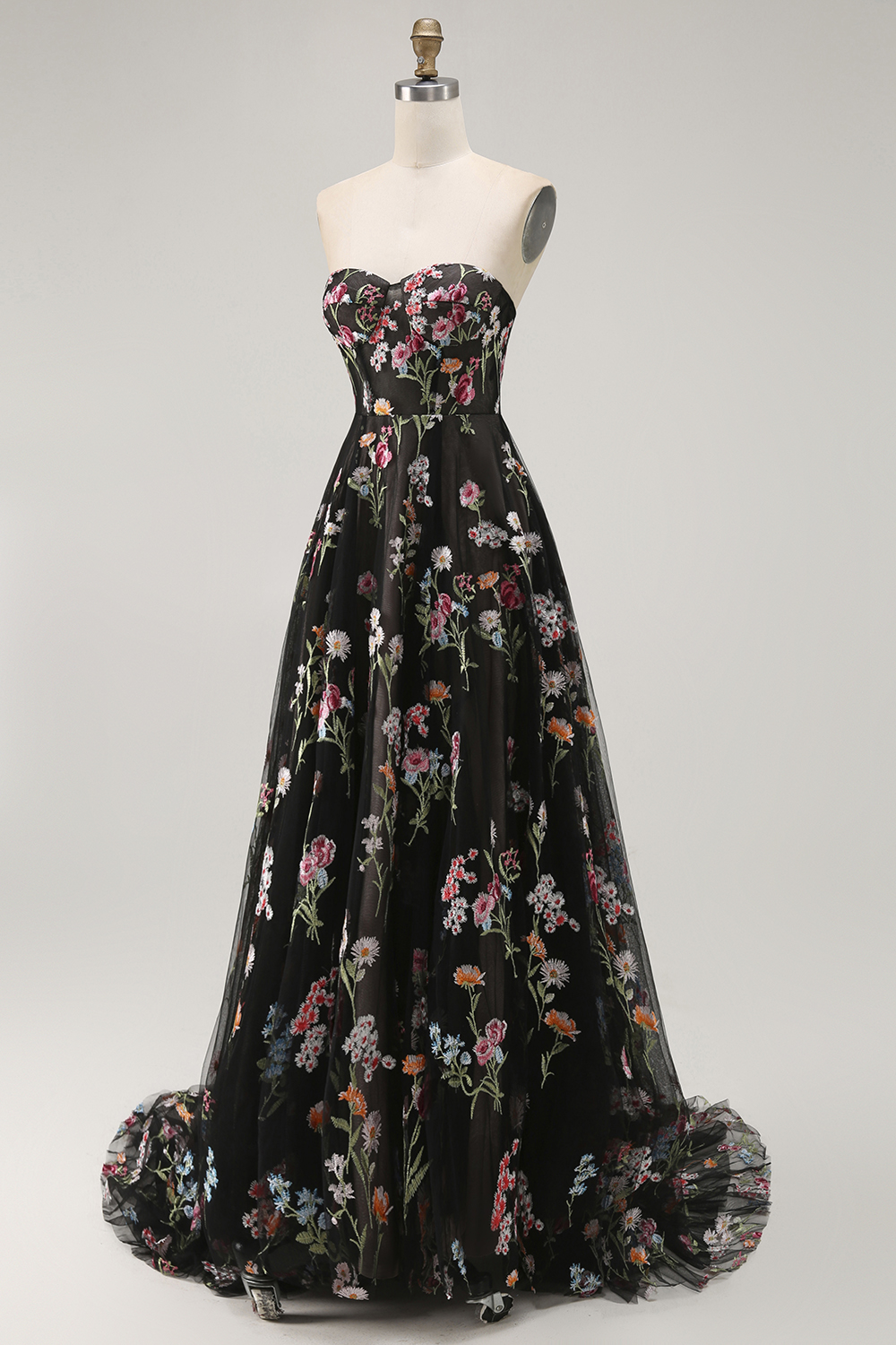 Black Floral Strapless A Line Maxi Prom Dress