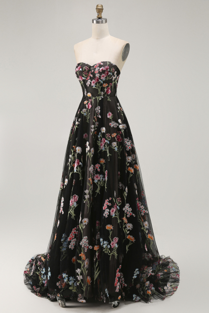 Black Floral Strapless A Line Maxi Prom Dress