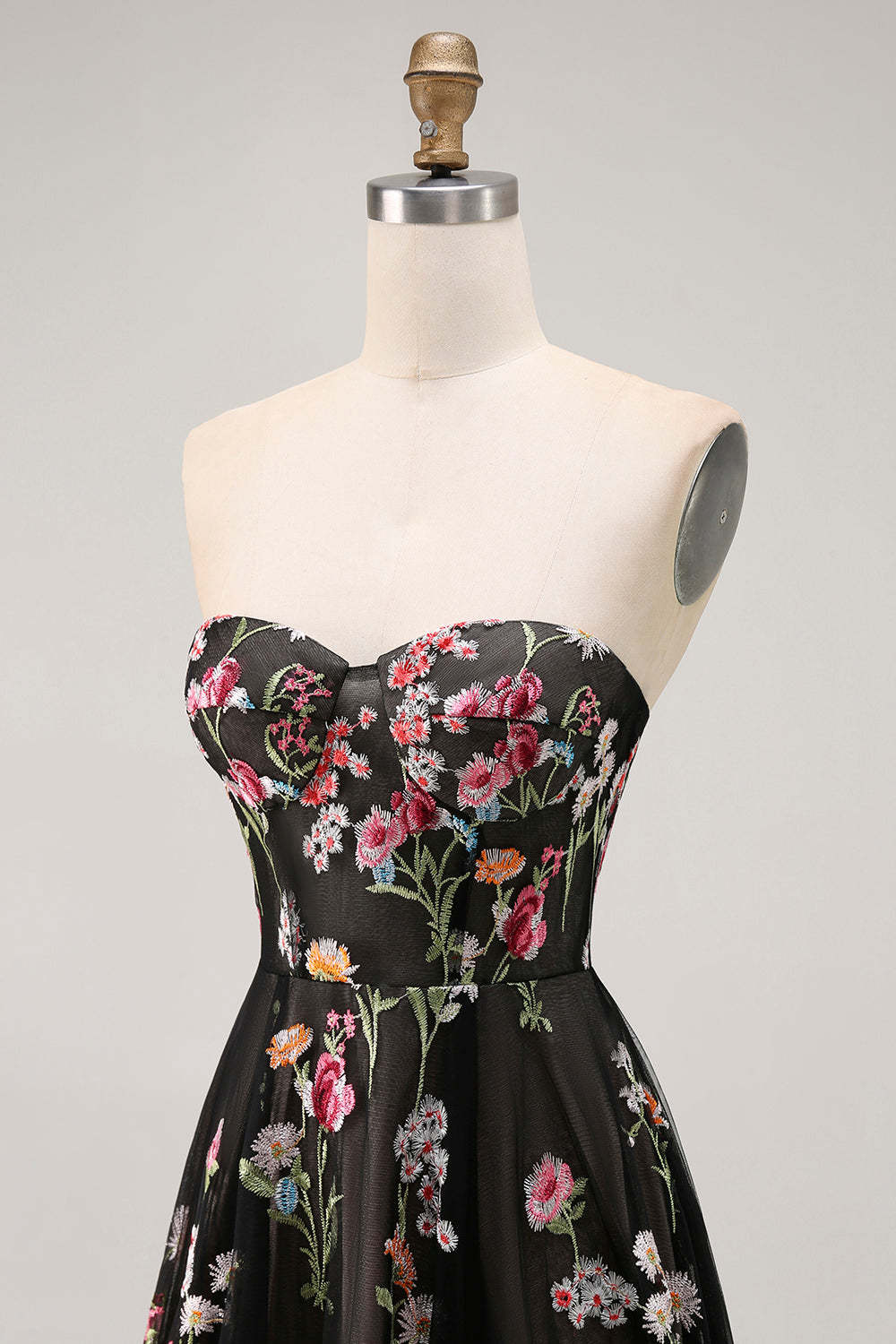 Black Floral Strapless A Line Maxi Prom Dress