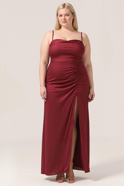 Sheath Satin Pleated Adjustable Spaghatti Strap Maxi Bridesmaid Dress