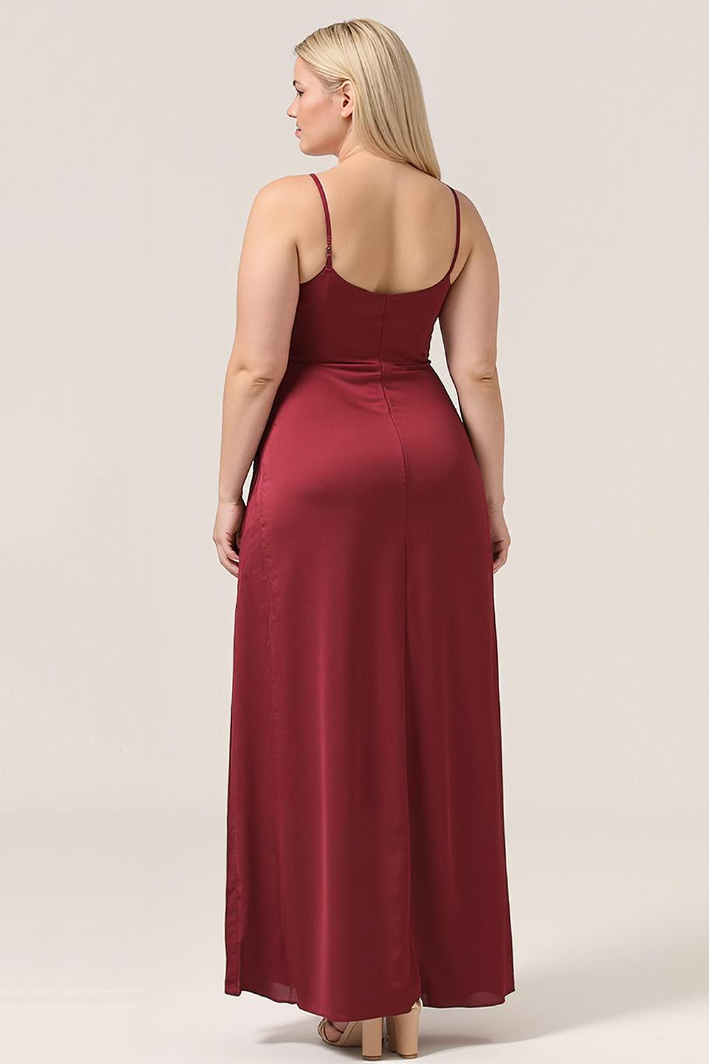 Sheath Satin Pleated Adjustable Spaghatti Strap Maxi Bridesmaid Dress