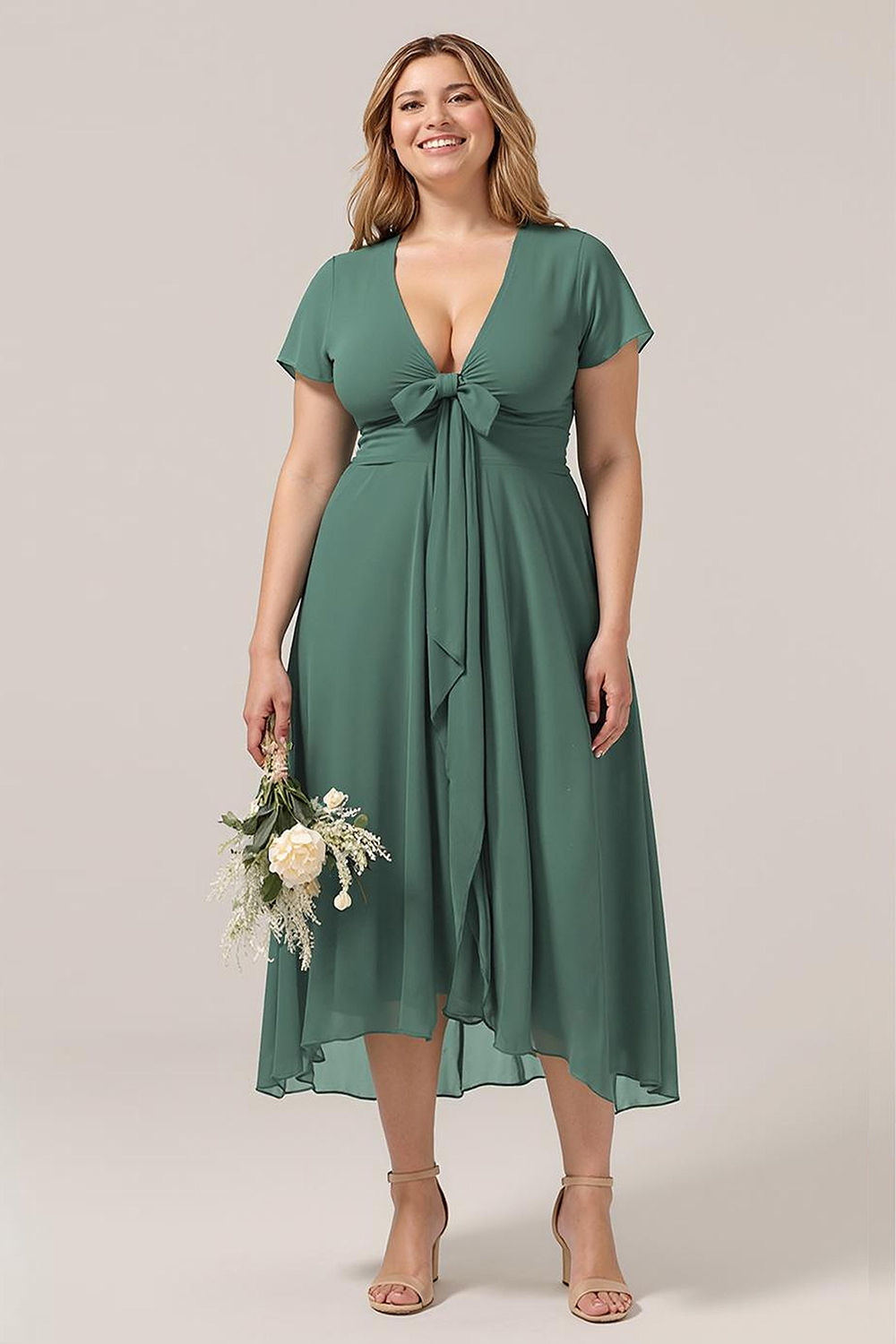 V-neck Cap Sleeve Tea Length High Low Chiffon A-line Bridesmaid Dress