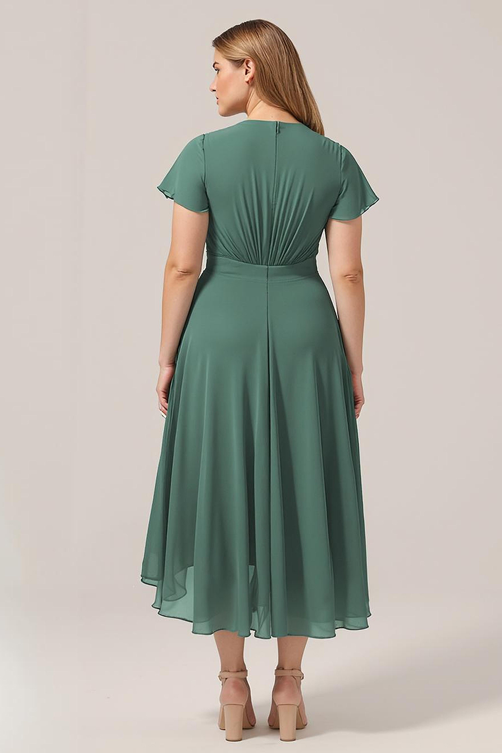V-neck Cap Sleeve Tea Length High Low Chiffon A-line Bridesmaid Dress