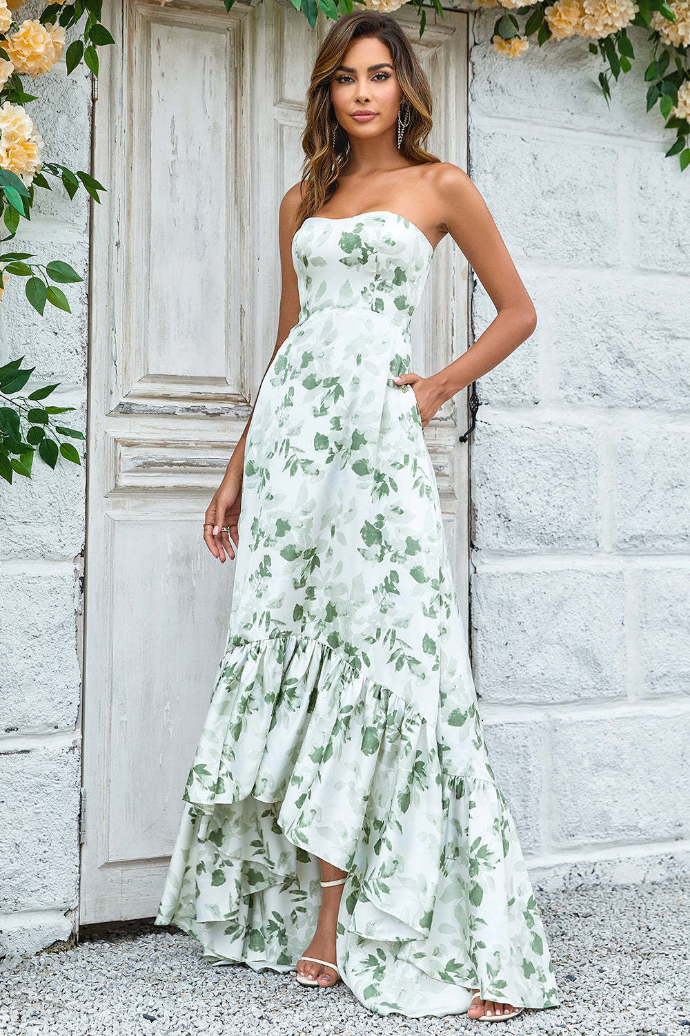 Leely Women Floral Long Wedding Party Dress Green Asymmetrical Strapless Bridesmaid Dress