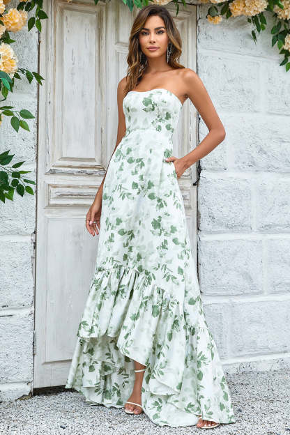 Leely Women Floral Long Wedding Party Dress Green Asymmetrical Strapless Bridesmaid Dress