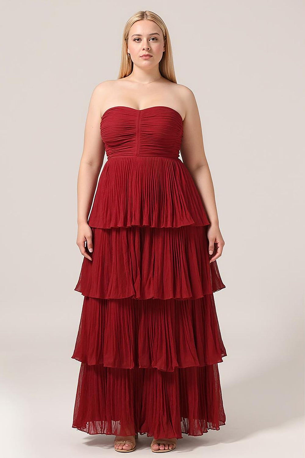 Charming Burgundy Plus Size A Line Tiered Strapless Long Bridesmaid Dress