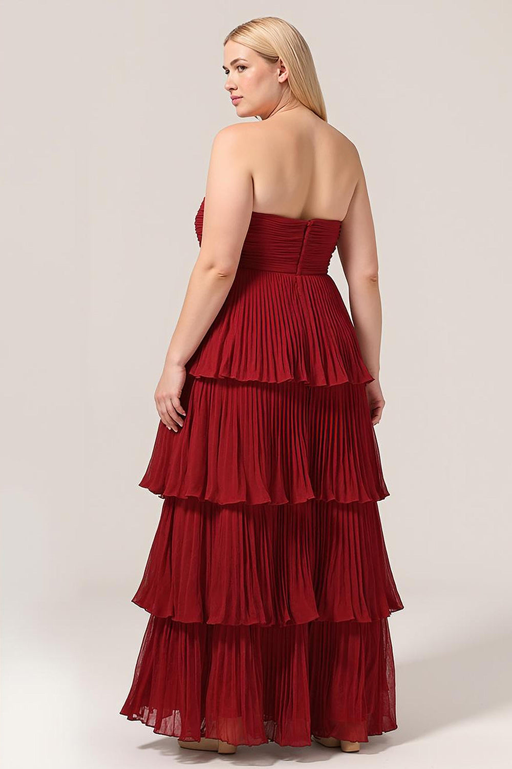 Charming Burgundy Plus Size A Line Tiered Strapless Long Bridesmaid Dress