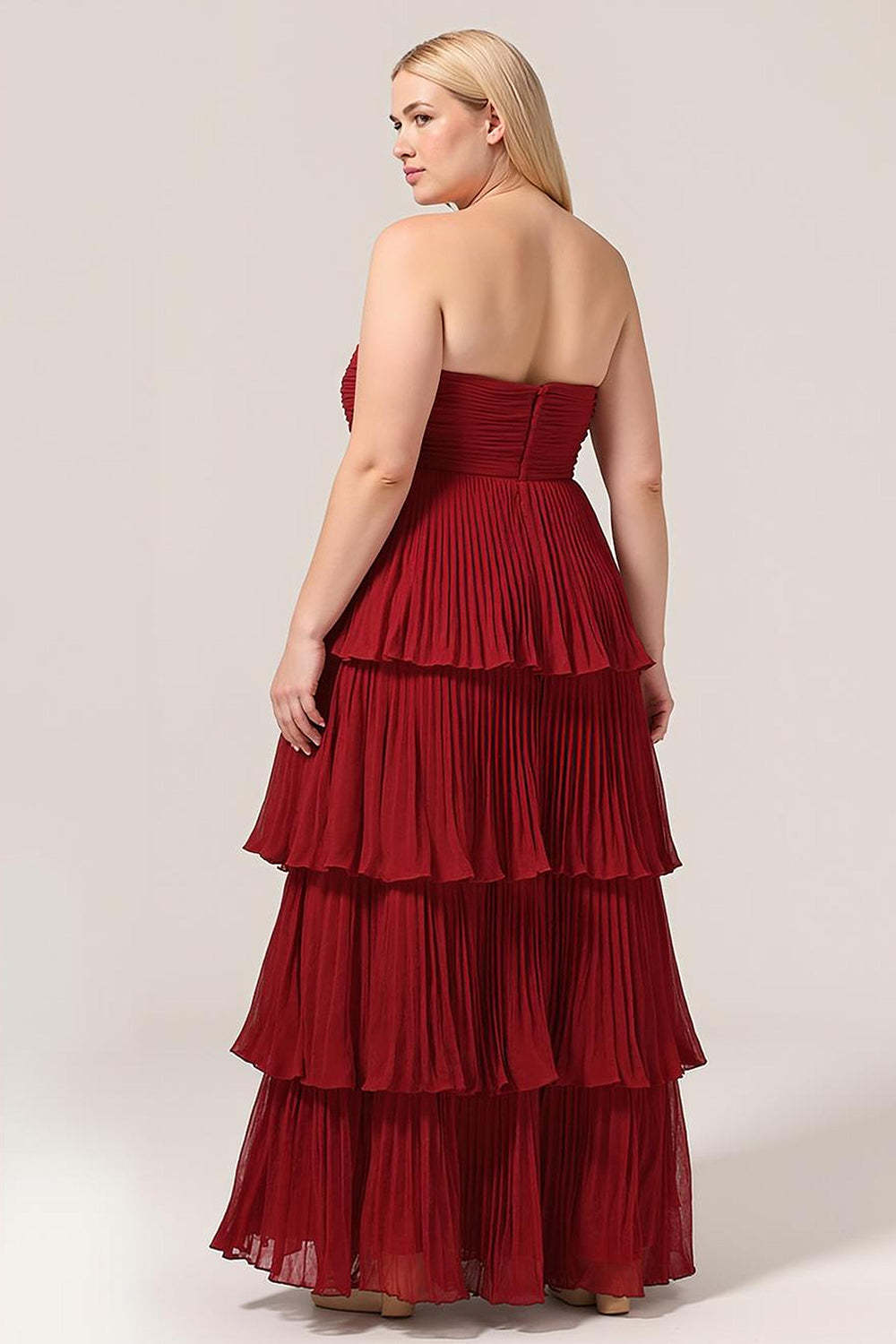 Charming Burgundy Plus Size A Line Tiered Strapless Long Bridesmaid Dress