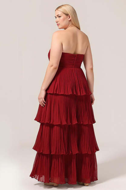 Charming Burgundy Plus Size A Line Tiered Strapless Long Bridesmaid Dress