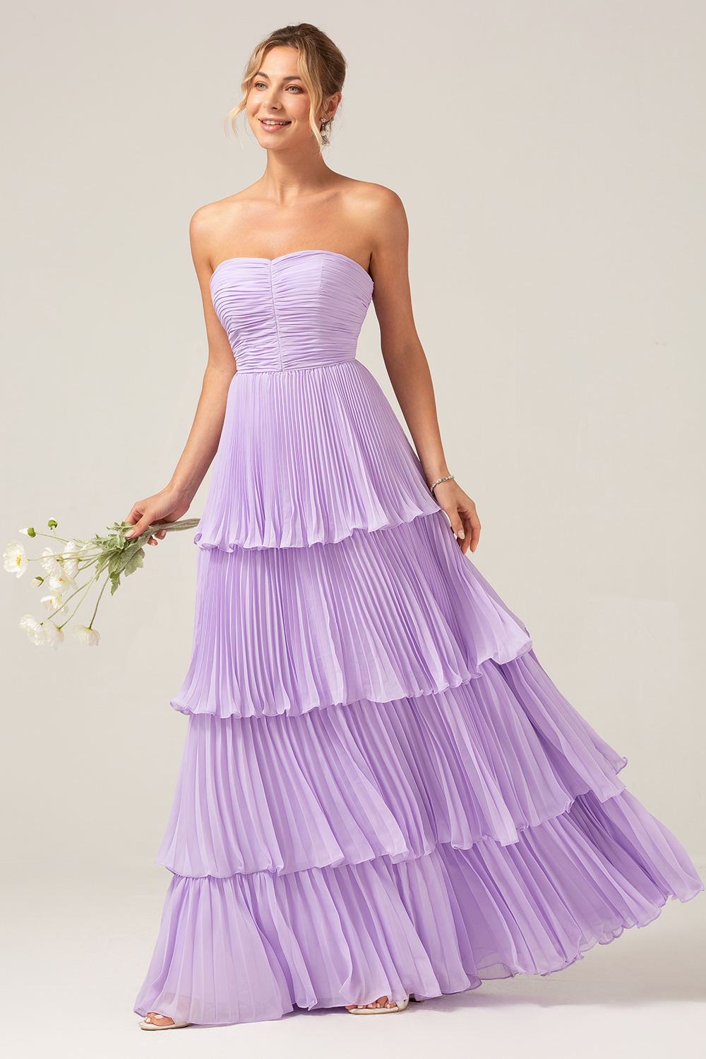 Sky Blue A Line Strapless Pleated Tiered Bridesmaid Dress
