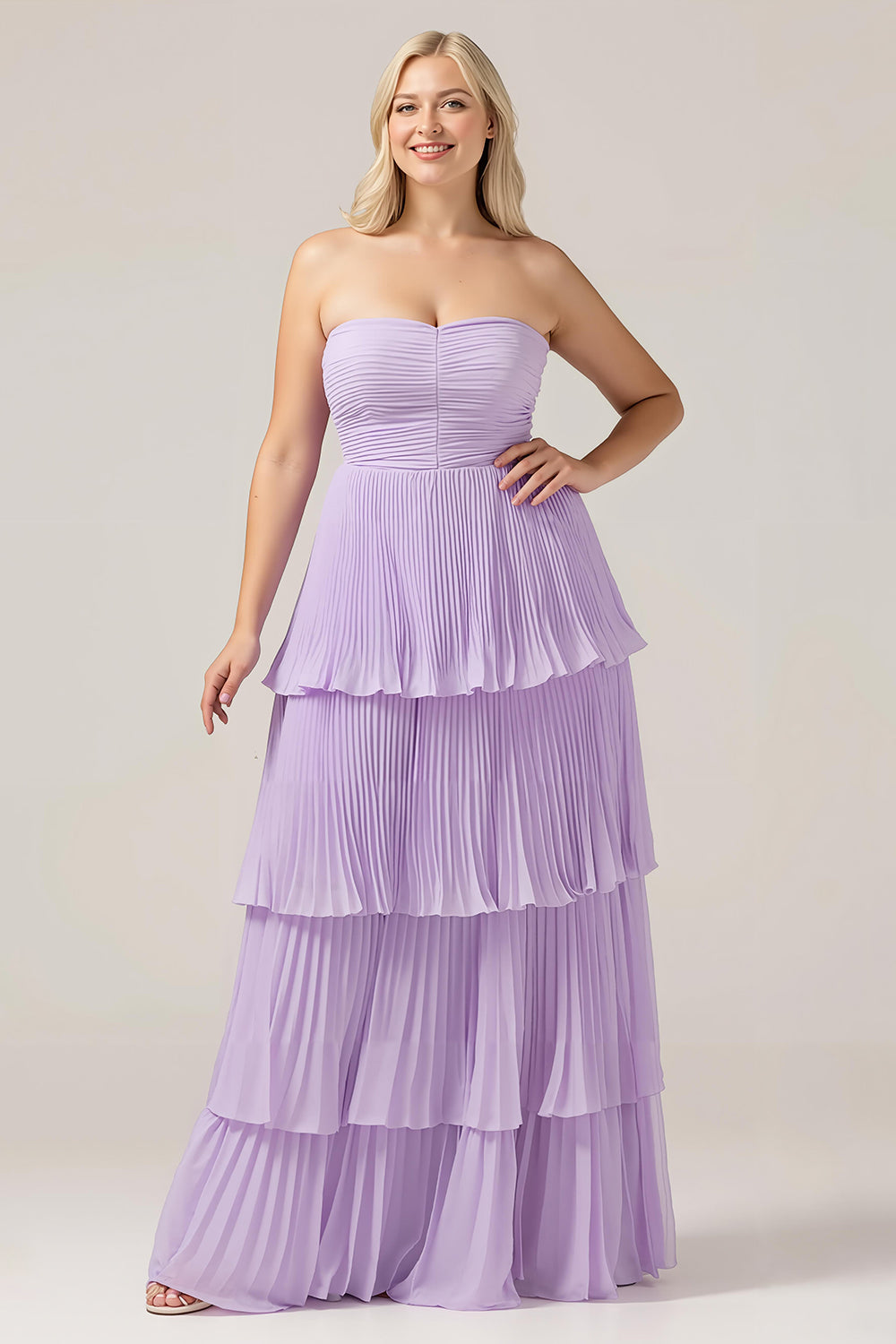 Plus Size Lilac Sweetheart A Line Tiered Strapless Long Bridesmaid Dress