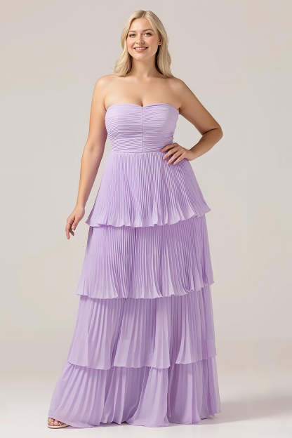 Leely Women Plus Size Lilac A Line Long Bridesmaid Dress Sweetheart Pleated Tiered Strapless Summer Wedding Guest Dress