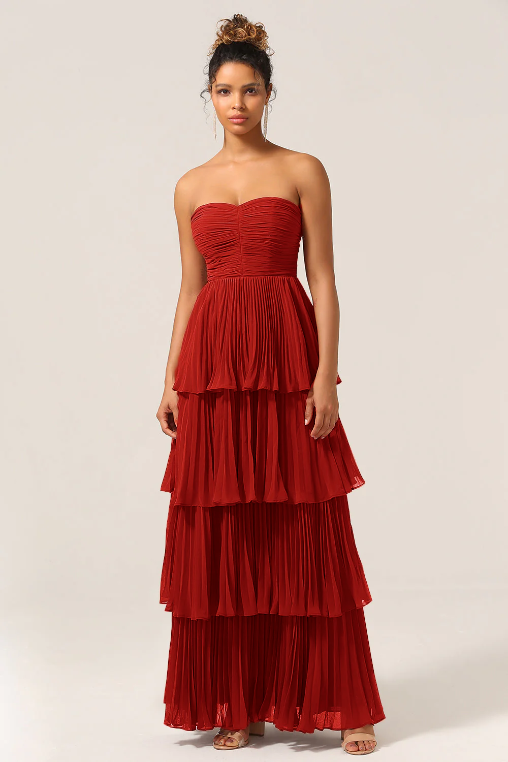 Sky Blue Strapless Tiered Long Bridesmaid Dress