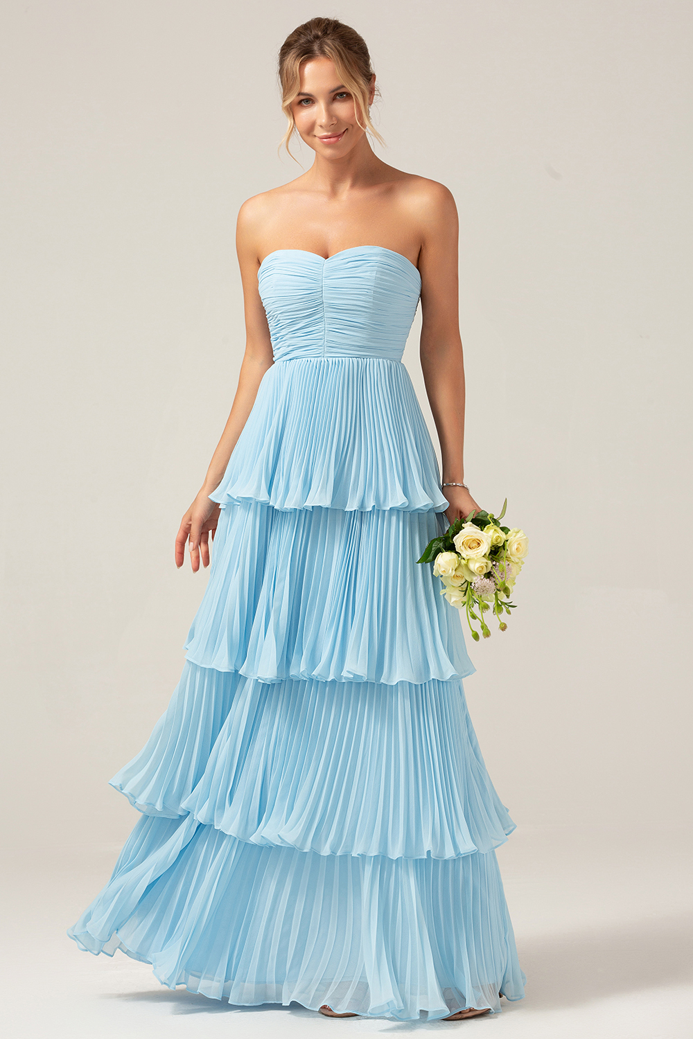 Sky Blue A Line Strapless Pleated Tiered Bridesmaid Dress