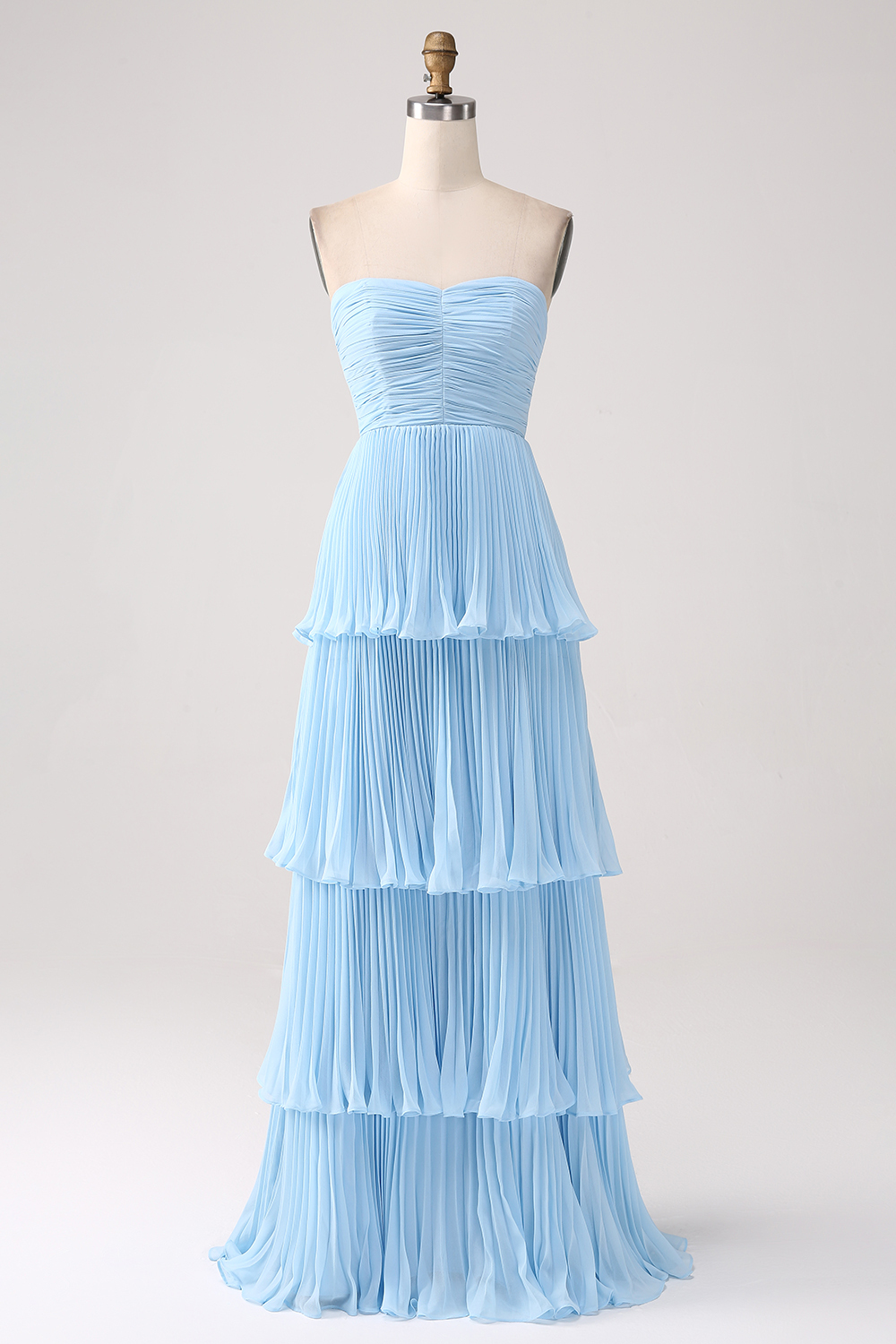 Leely Women Sky Blue Long Bridesmaid Dress Strapless Tiered Wedding Party Dress