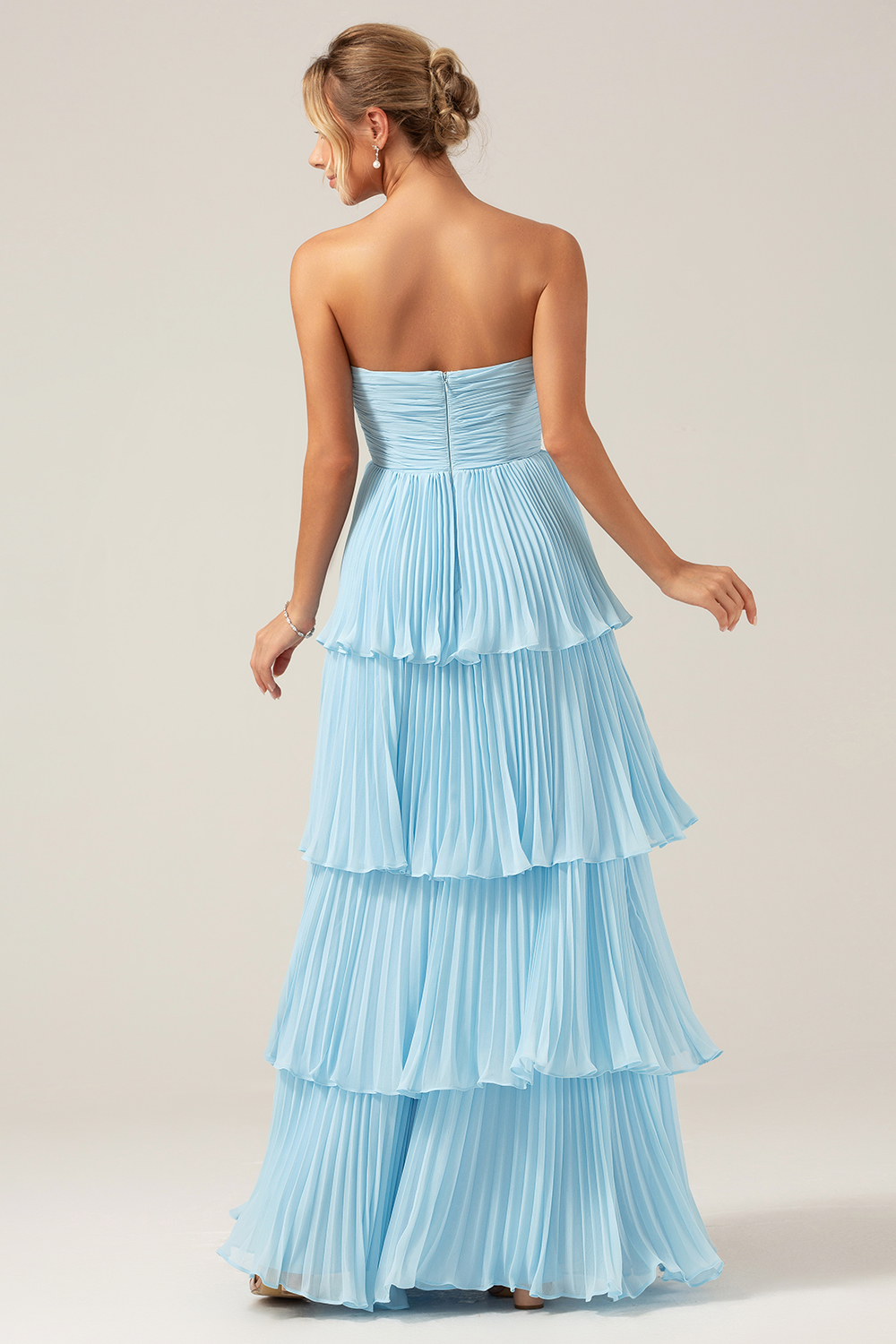 Sky Blue A Line Strapless Pleated Tiered Bridesmaid Dress