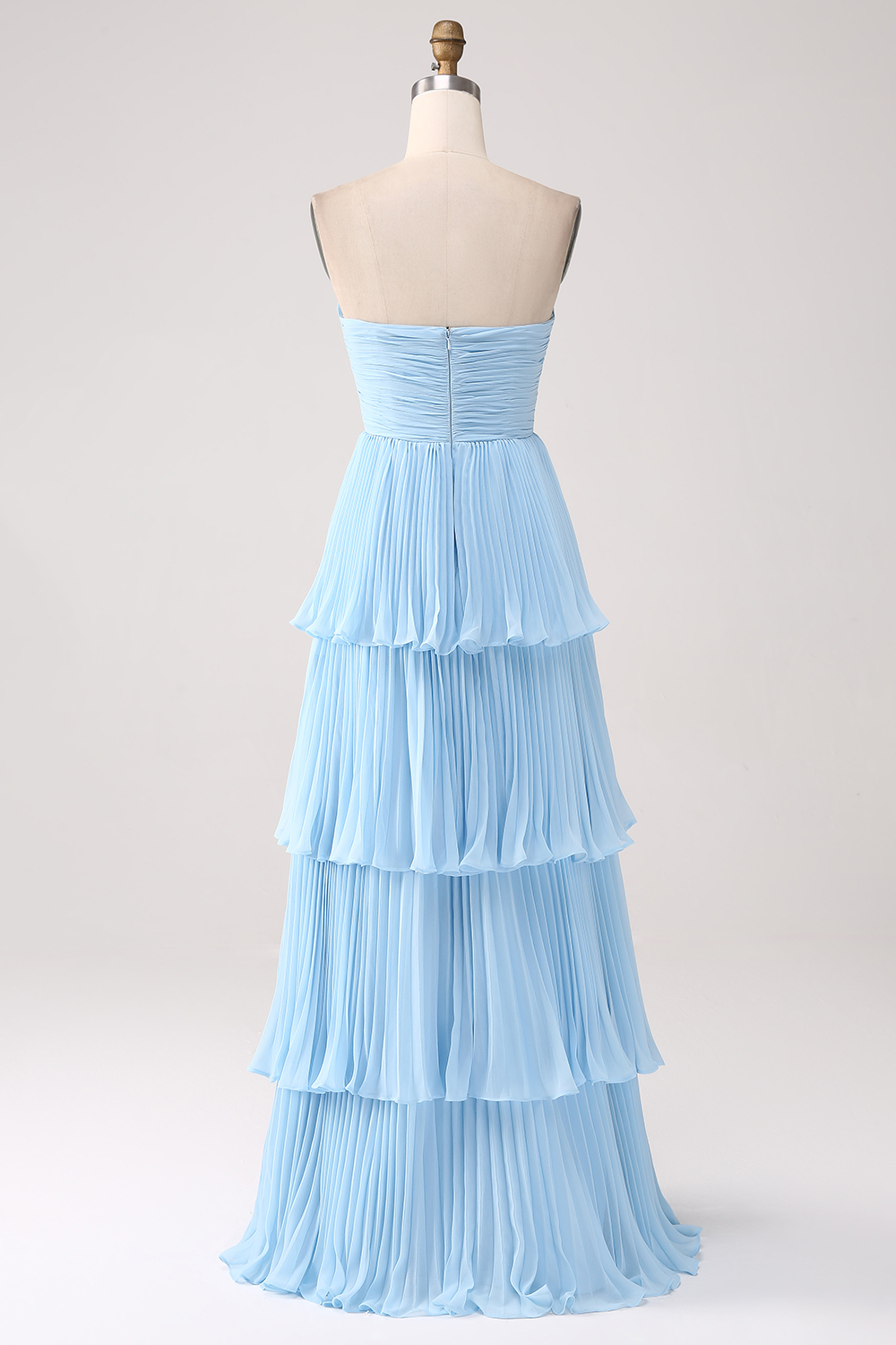 Sky Blue Strapless Tiered Long Bridesmaid Dress
