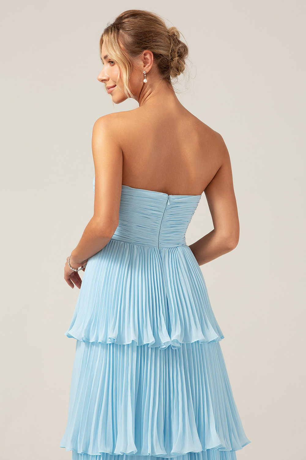 Sky Blue A Line Strapless Pleated Tiered Bridesmaid Dress
