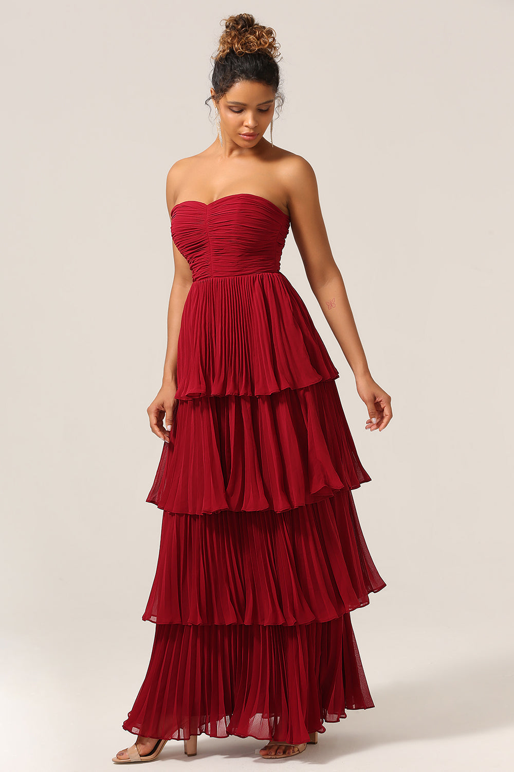 Charming Burgundy Plus Size A Line Tiered Strapless Long Bridesmaid Dress