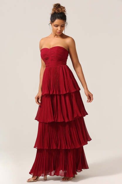 Charming Burgundy Plus Size A Line Tiered Strapless Long Bridesmaid Dress