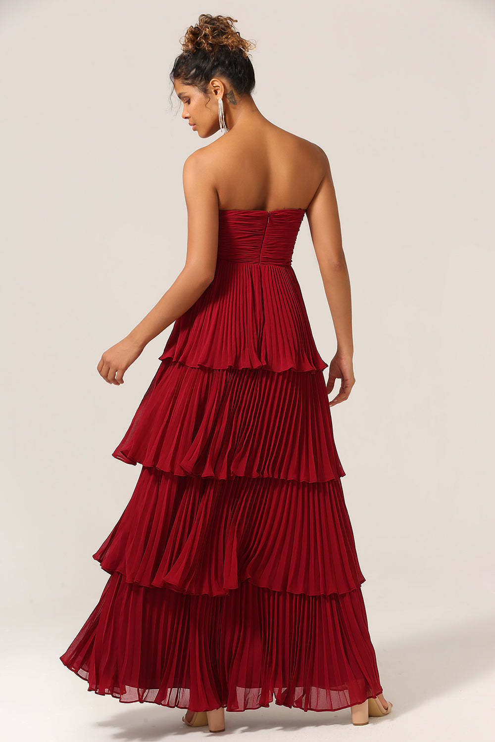 Charming Burgundy Plus Size A Line Tiered Strapless Long Bridesmaid Dress