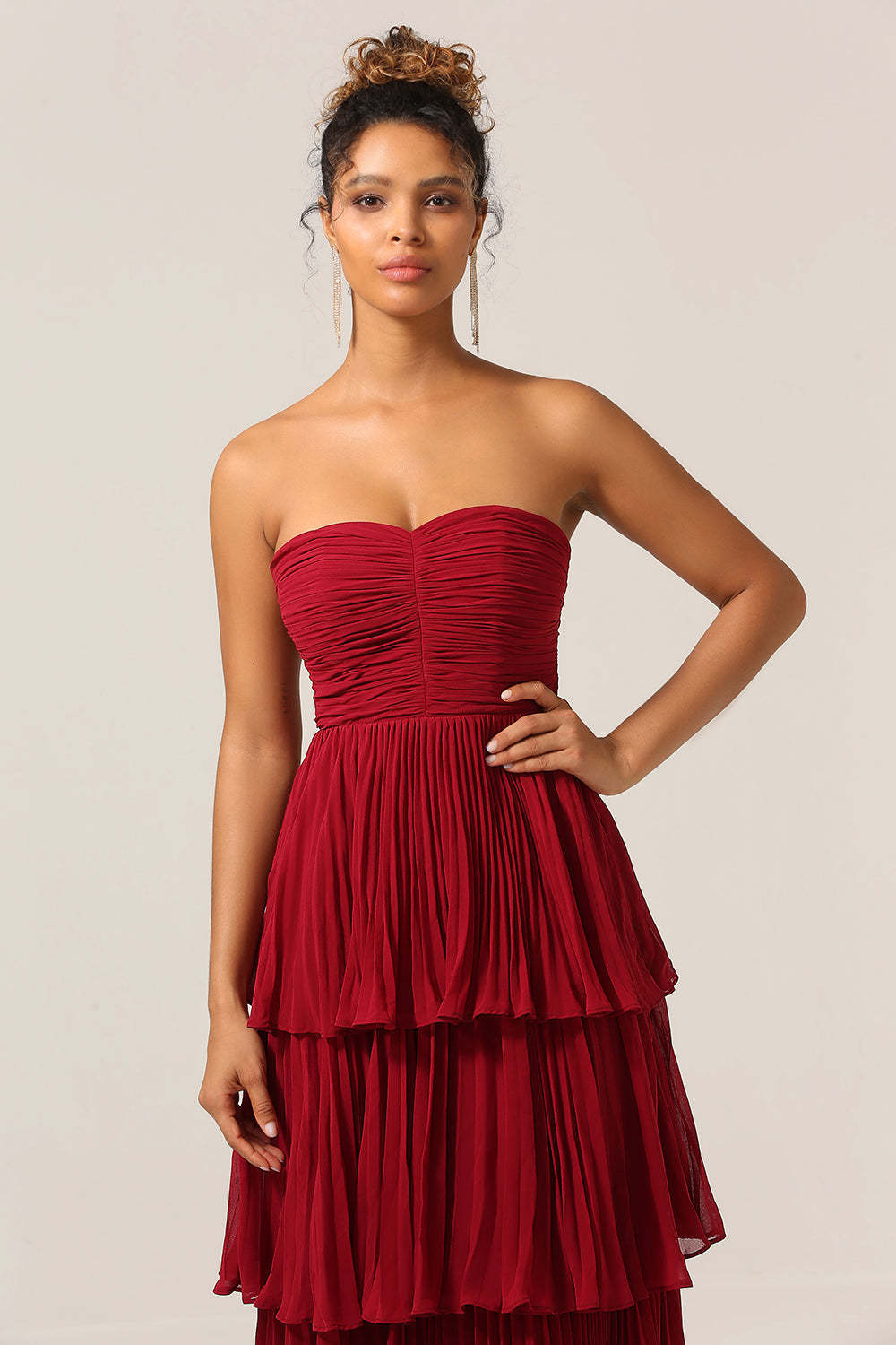 Charming Burgundy Plus Size A Line Tiered Strapless Long Bridesmaid Dress