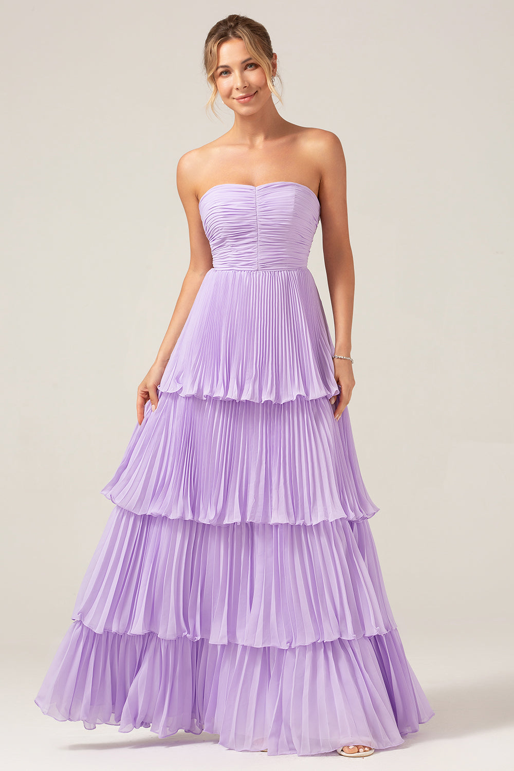 Plus Size Lilac Sweetheart A Line Tiered Strapless Long Bridesmaid Dress