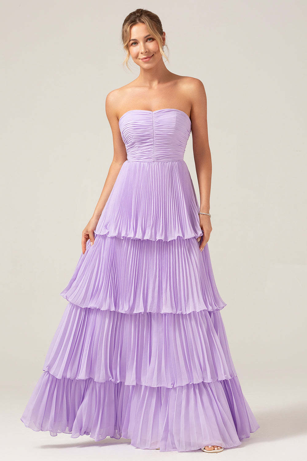 Plus Size Lilac Sweetheart A Line Tiered Strapless Long Bridesmaid Dress
