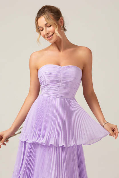 Plus Size Lilac Sweetheart A Line Tiered Strapless Long Bridesmaid Dress