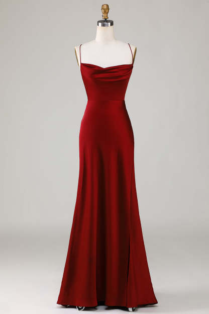Plus Size Burgundy Satin Mermaid Long Bridesmaid Dress