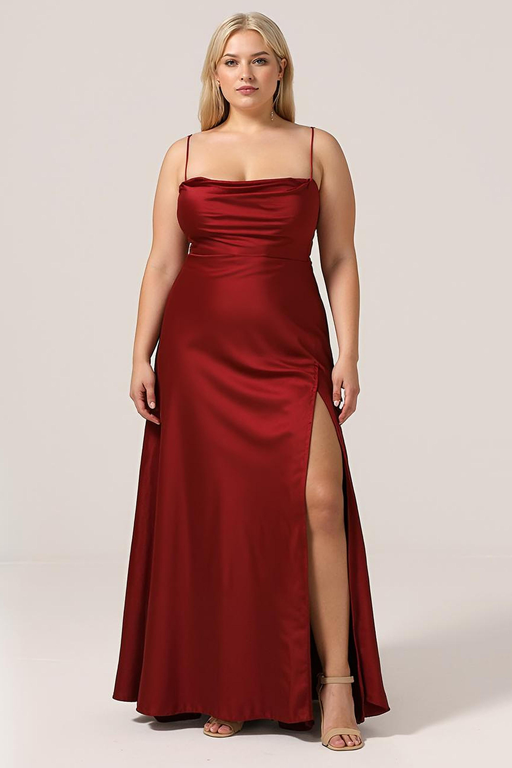 Satin Spaghetti Strap Open Back A-line Bridesmaid Dress with Slit