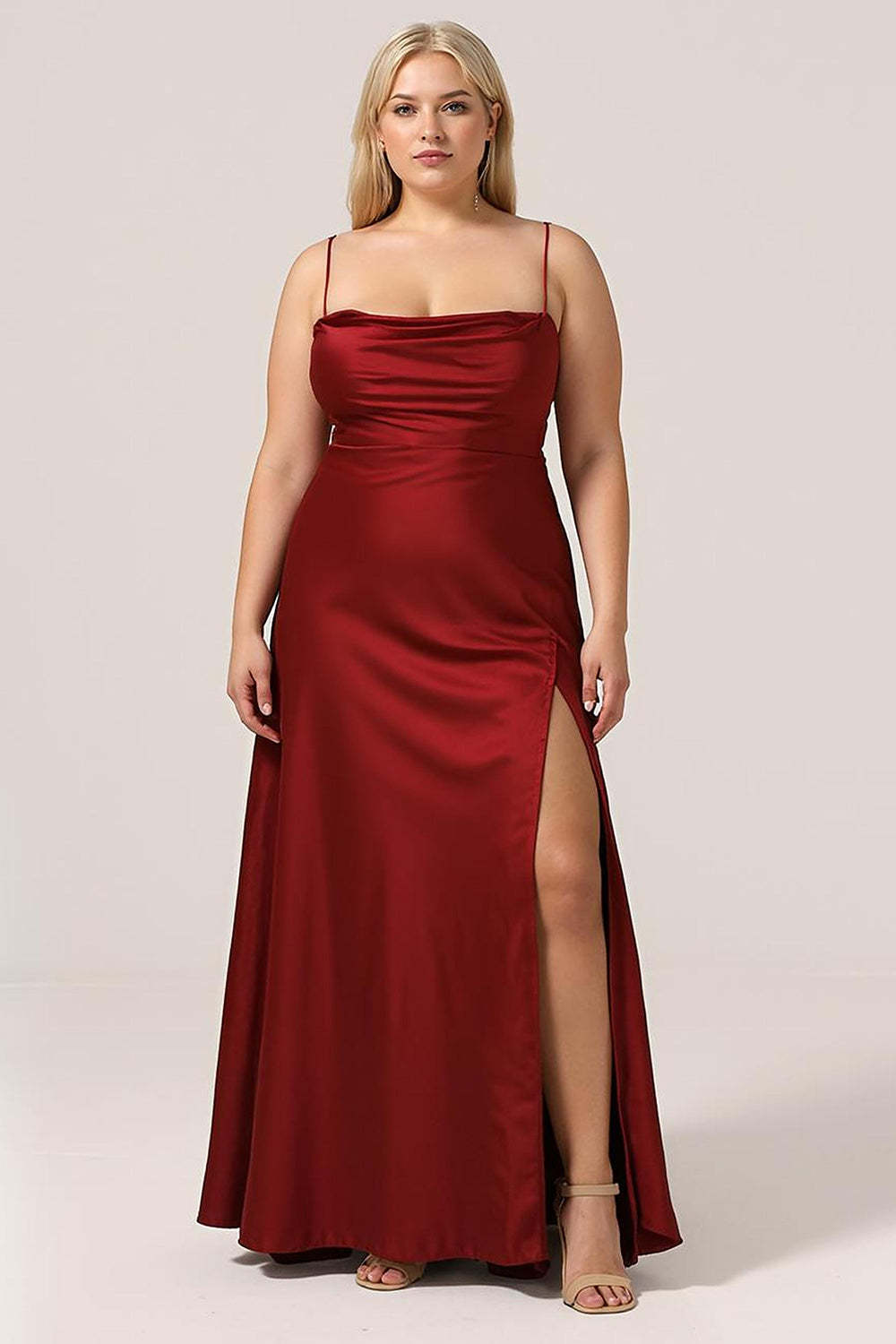 Leely Women Plus Size Burgundy Long Bridesmaid Dress with Slit Mermaid Lace Up Back Wedding Party Dress