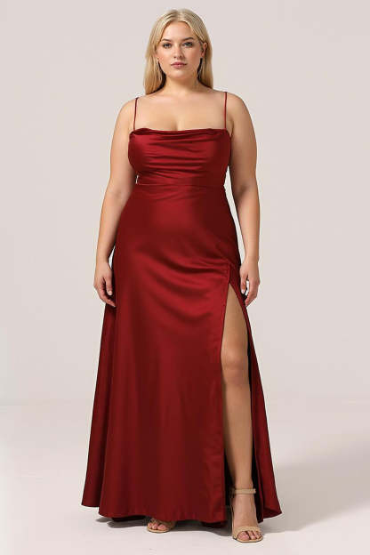 Leely Women Plus Size Burgundy Long Bridesmaid Dress with Slit Mermaid Lace Up Back Wedding Party Dress