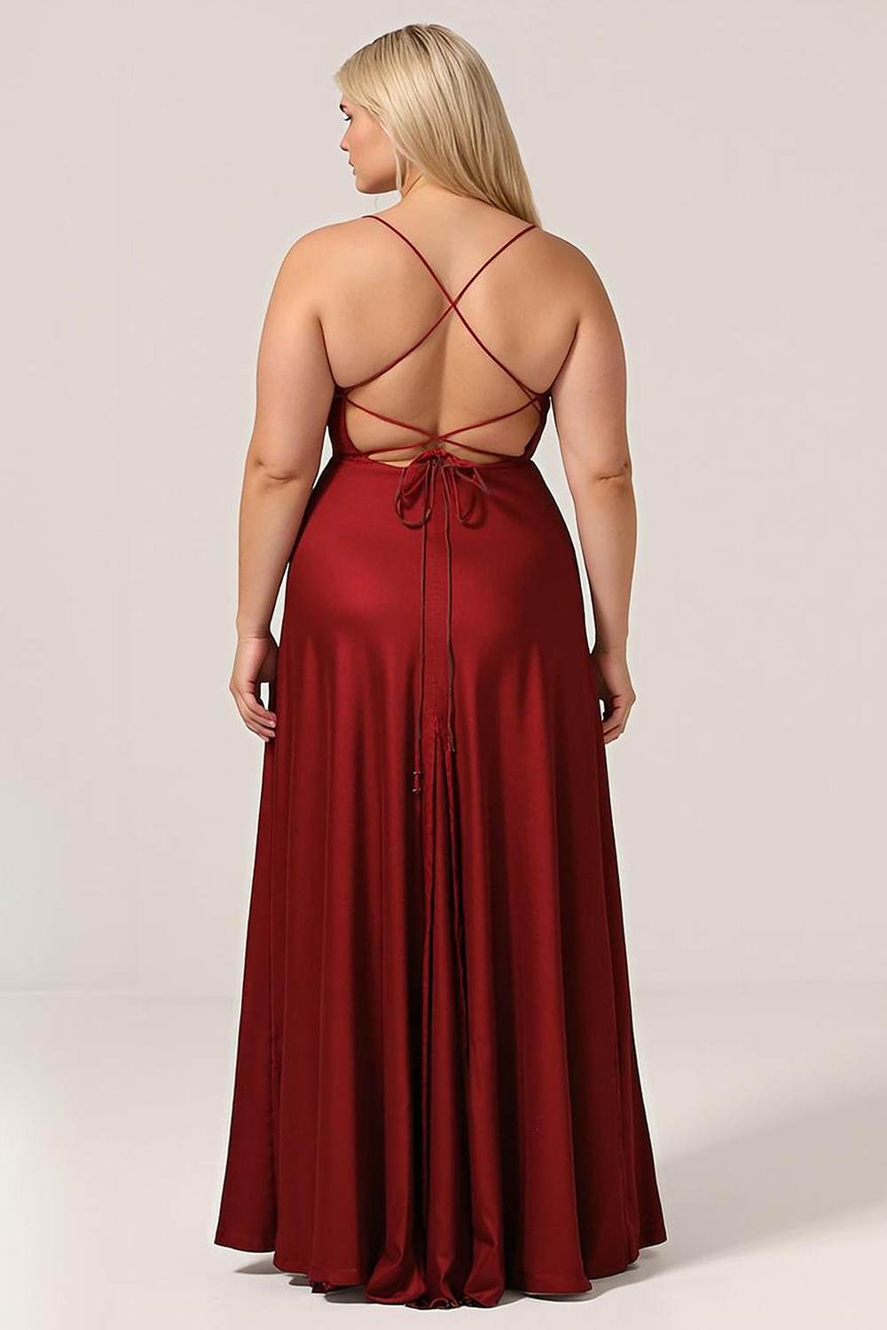 Satin Spaghetti Strap Open Back A-line Bridesmaid Dress with Slit